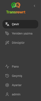 Çevir, Yeniden Yaz, Dönüştür, Geçmiş, Pano ve Ayarlar seçeneklerini gösteren Transrewrt kenar çubuğu gezinmesi