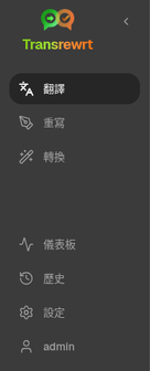 Transrewrt 側邊欄導覽顯示翻譯、改寫、轉換、歷史記錄、儀表板和設定